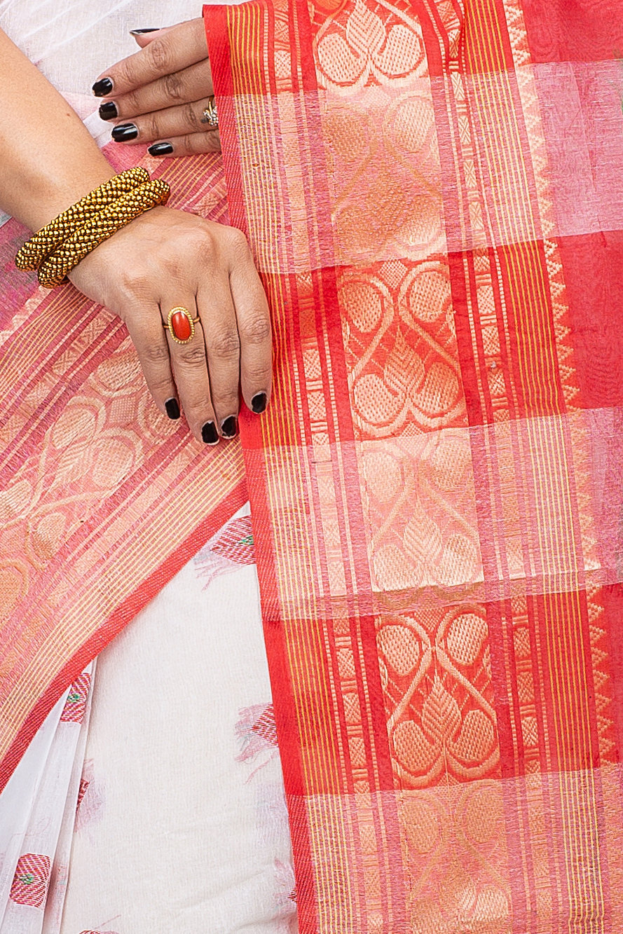 White Red Pure Cotton Raj Nandi Desigine Tant Saree (2807)